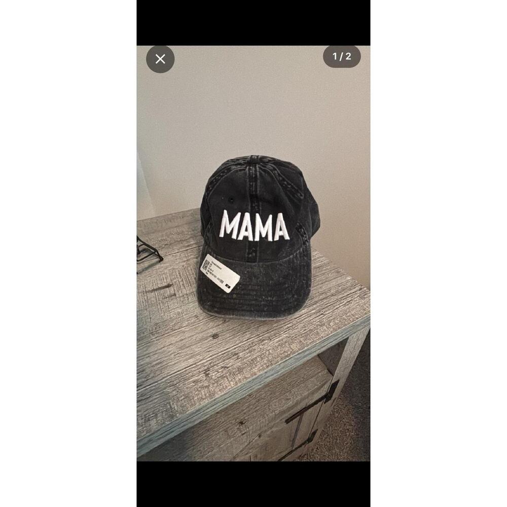 Mama Black Washed Denim Baseball Cap Embroidered Letters Adjustable Strap‎